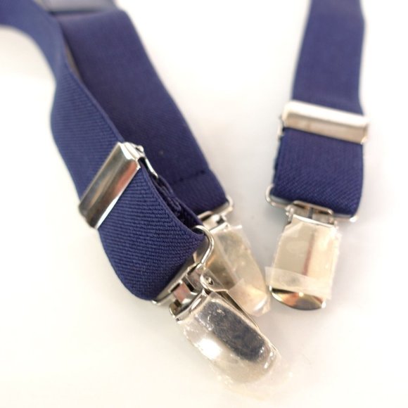 Boy Leather Navy Blue Y Back Classic Suspenders Solid Silver Clip Stretch Braces - Picture 5 of 6